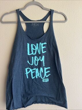 Women's Navy Blue Racerback Tank with Aqua 'Love Joy Peace' Print